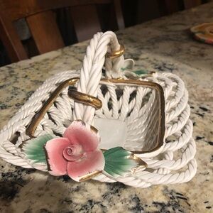 Vintage Italian Capodimonte White Porcelain Pink Floral Badket